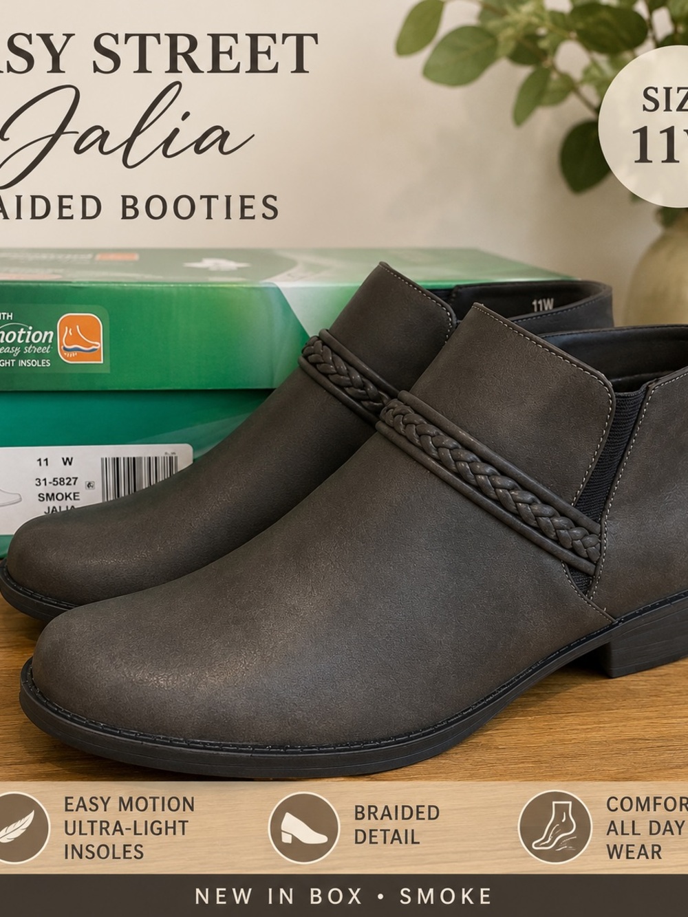 NIB Easy Street Jalia Smoke Braided Ankle Booties 11W 31-5827